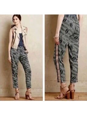 Anthropologie Blue Leaf-Print Cropped Jogger Pants with Red Side Stripe